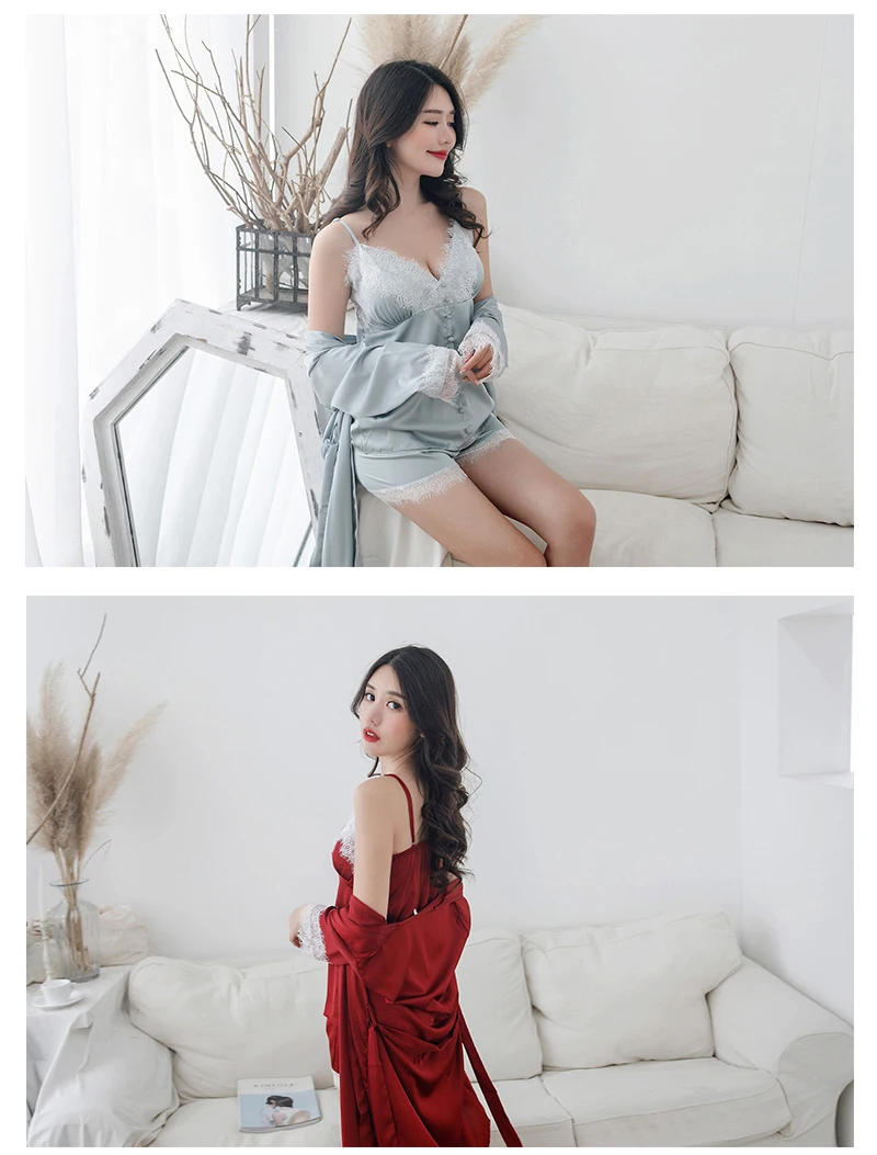 Silka Surplus пижамы женские 3 шт шелковые халаты сексуальные кружевные пижамы Lounge Пижама шелк с нагрудными накладками Спагетти ремень Кружева шелк