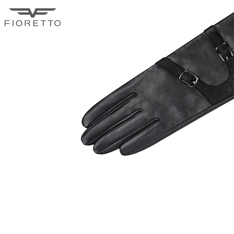 Женские перчатки fioreto черные зимние из натуральной кожи на ремешке|long genuine leather