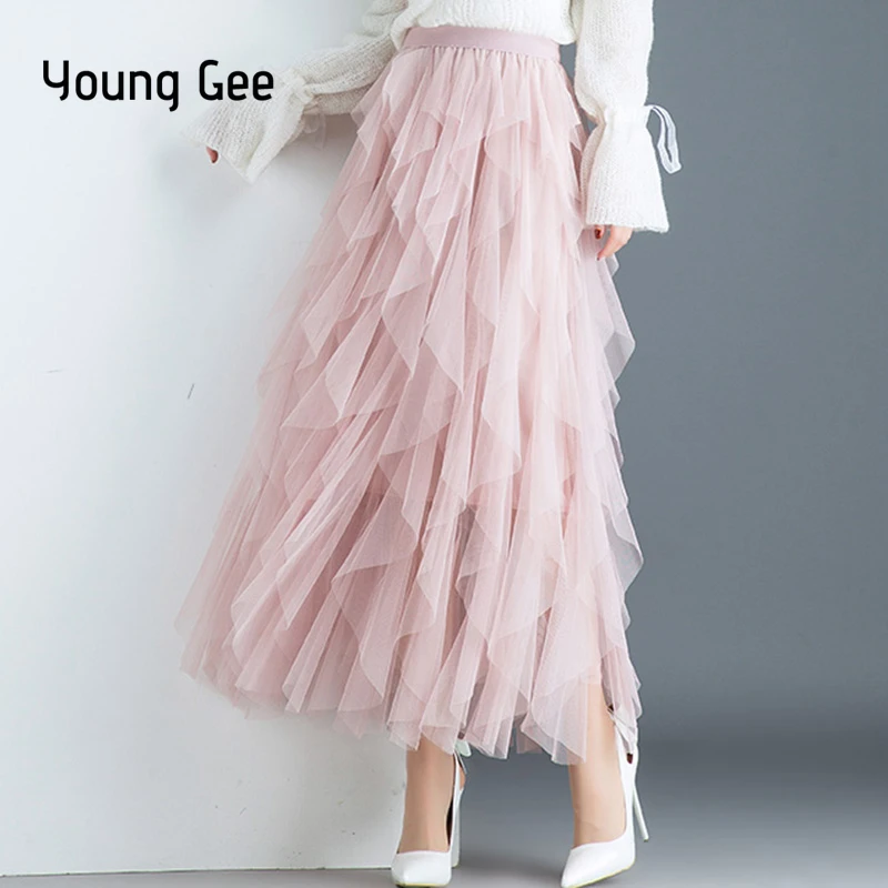 

Young Gee Women 2019 Spring Lace Patchwork Gauze Mesh Skirt Female Elastic High Waist Ruffles Asymmetrical Long Skirts Saias