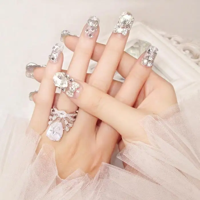 24 шт./компл., модные свадебные накладные ногти для невесты, блестящие стразы, женские накладные ногти с клеем, стикер 88