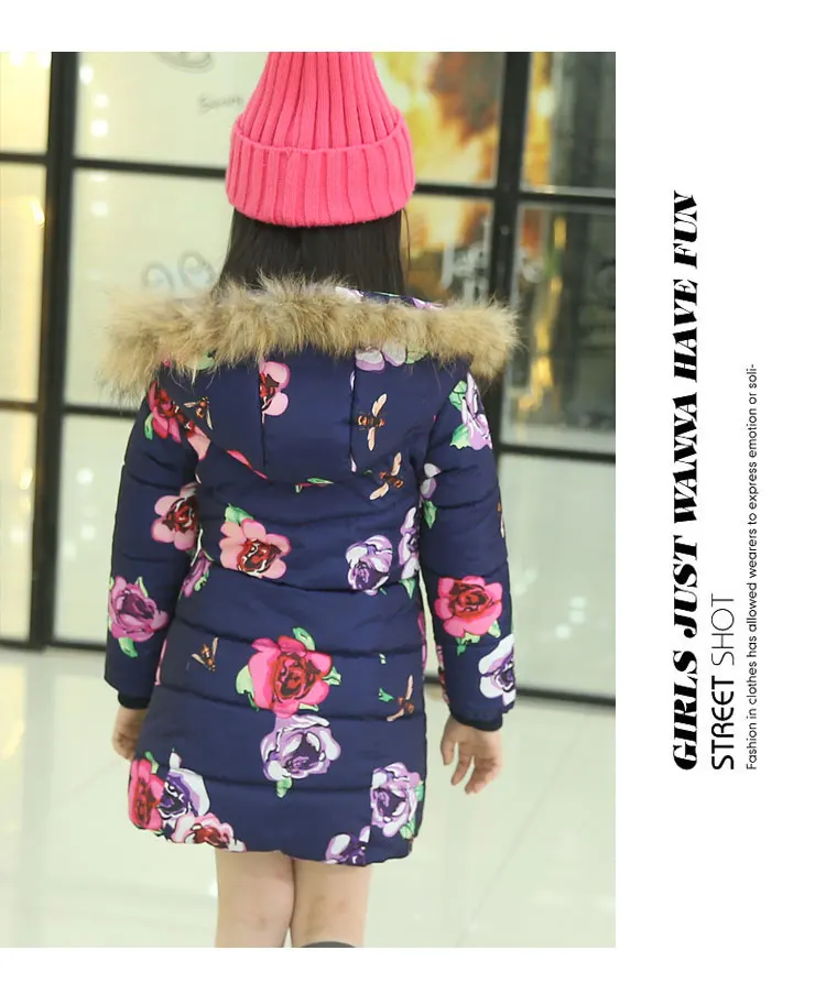Hot sell 2018 Fashion Medium-long Winter Coat for Girls Children Clothing Big Girls Printed Cotton-padded Jacket with Fur Hood