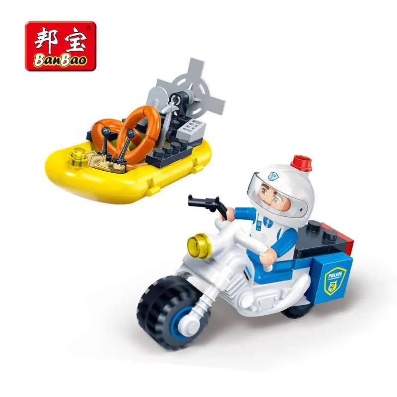 

BanBao Police Motorcycle Inflatable Boats Motorboat Building Blocks Bricks Educational Model Toy For Children Kids Gift