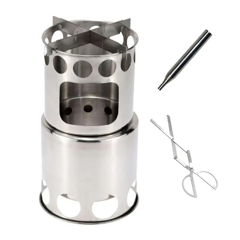 

Portable Outdoor Camping Hiking Picnic BBQ Stainless Steel Wood Stove Set