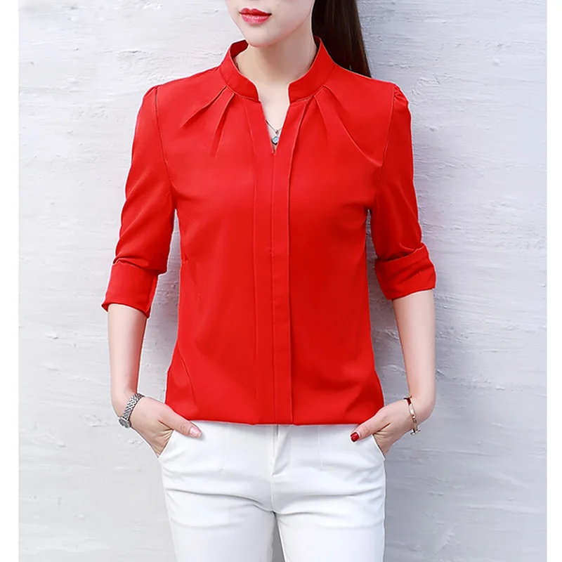 

Dioufond Red Pink And White Chiffon Shirt V-Neck Solid Blouse Longe Sleeve Casual Blouses Women Tops Fashion 3 Colors Autumn