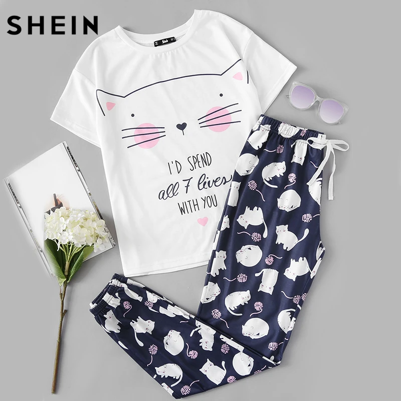 Billig SHEIN Nette Nachtwäsche Frauen Pyjama Sets Frauen Cat Print Kurzarm Rundhals Weiß T und Blau Hosen Pyjama Set