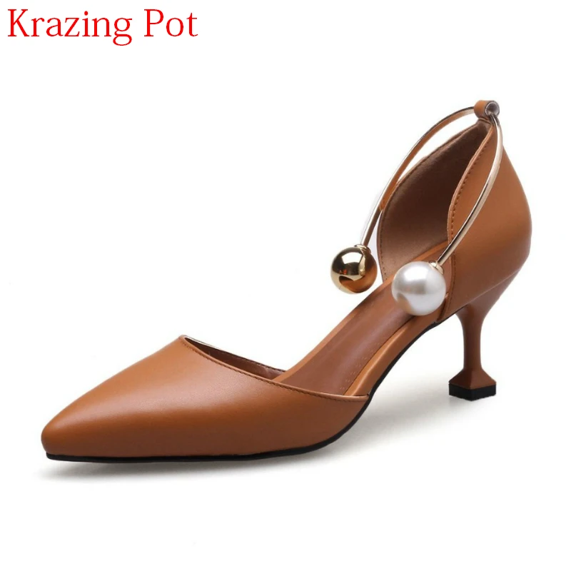 

2018 New Arrival Pearl Slip on Office Lady Sweet Style Thin High Heels Shallow Women Pumps Pointed Toe Elegant Wedding Shoe L6f3
