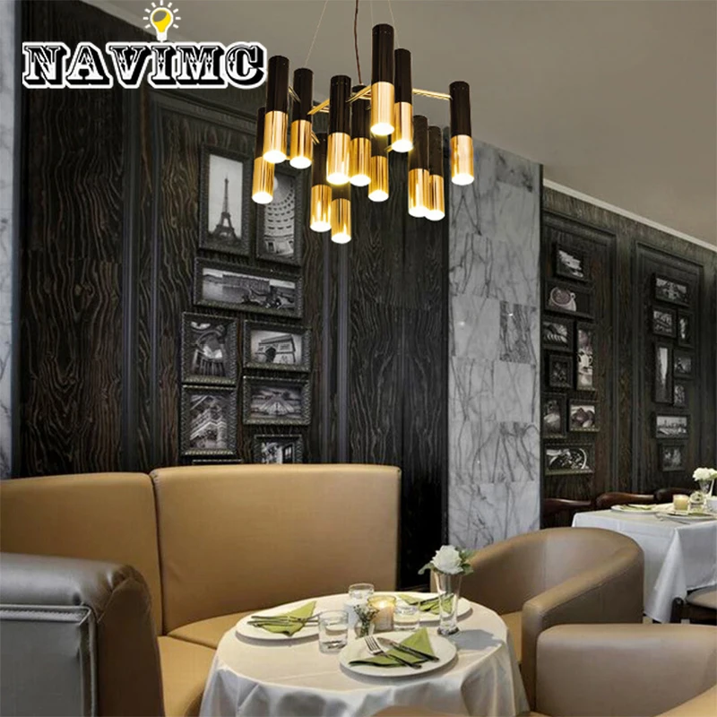 

Nordic Postmodern Minimalist Black Gold Pipe Personalized LED Chandelier Restaurant Kitchen Cafe Decorative Lighting Lamps