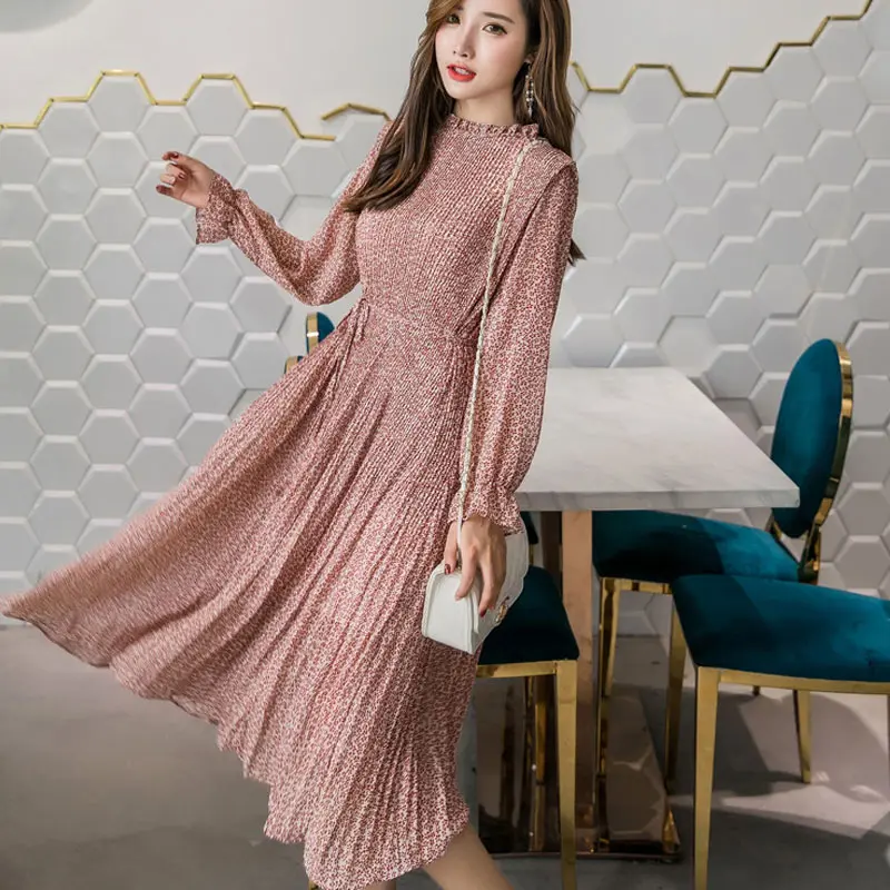 

SymorHouse 2019 Elegant Stand Collar Floral Print Women Dresses Full Sleeve Elastic Slim Waist Chiffon Spring A-line Long Dress