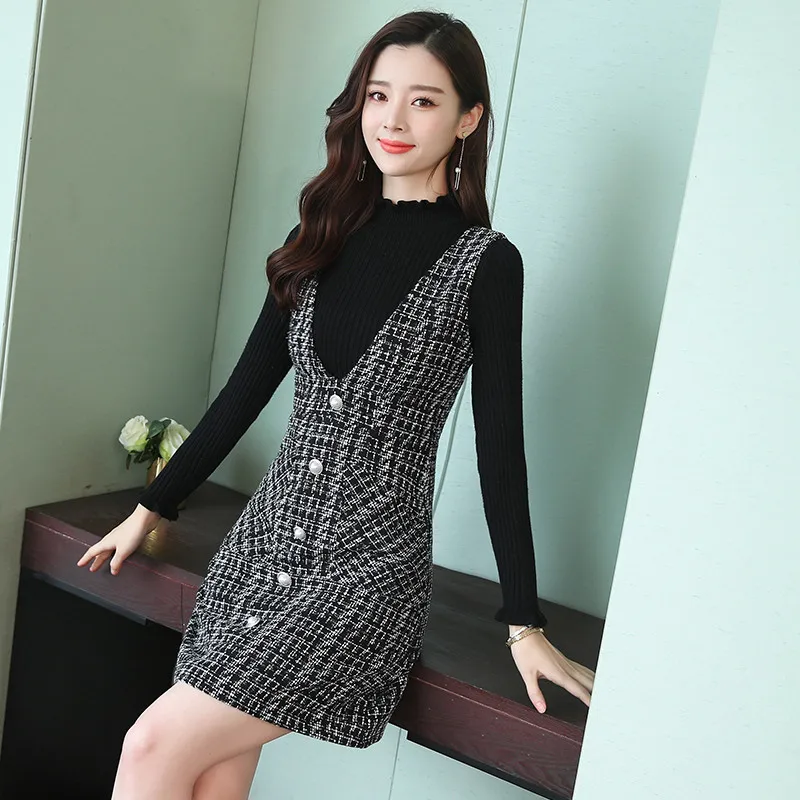 Two-piece sets Женское осенне-зимнее платье без рукавов винтажное шерстяное платье в клетку без рукавов с v-образным вырезом+ свитер Пуловеры комплекты из двух предметов для женщин V732 - Цвет: Two-piece sets