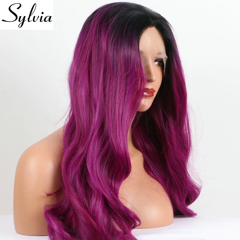 Sylvia Смешанные фиолетовый Ombre объемная волна синтетические кружева перед парики с темные корни Длинные Фиолетовый жаропрочных волокна