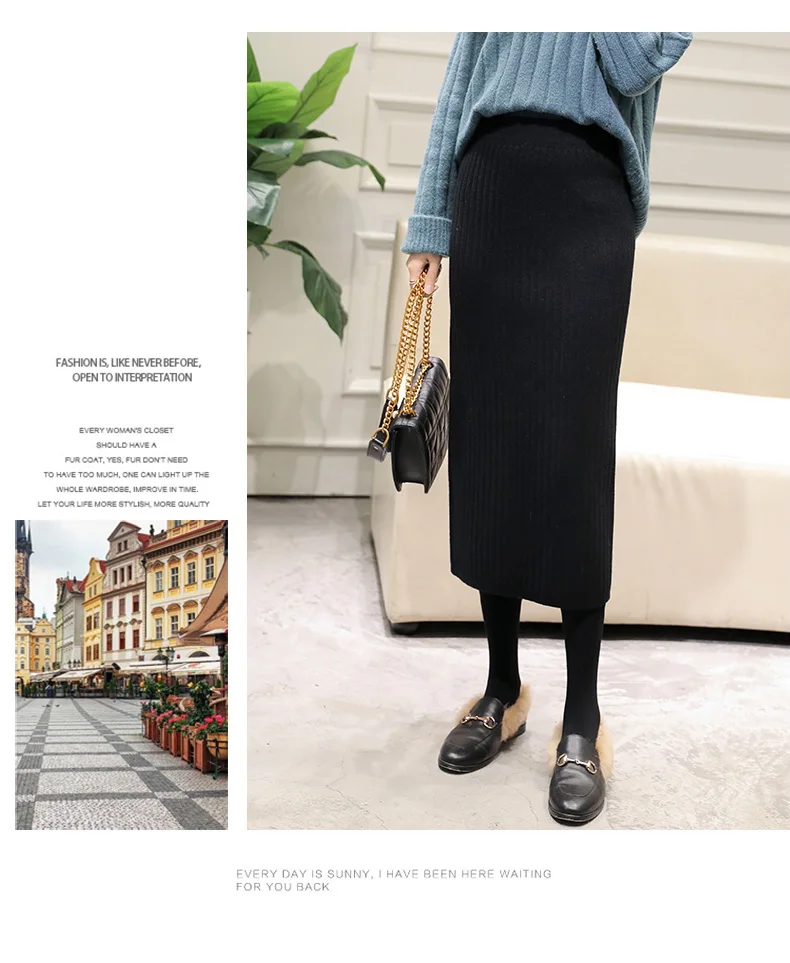 EORUTCIZ зима вязание юбка карандаш для женщин тонкий миди Высокая талия прямая осень элегантный черный модные юбки для LM221