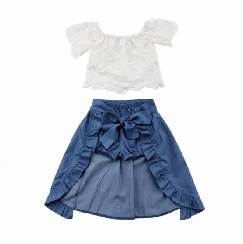

Retail 3PCS Cute Toddler Girl Sets Off Shoulder Lace White T-Shirts Tops Blue Denim Shorts Ankle-Length Dress Outfits 1-5T MN001