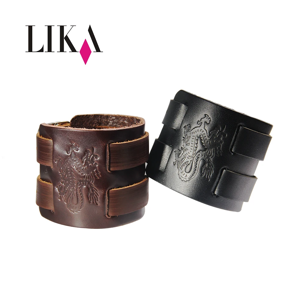 

LIKA Wide Genuine Leather Wrap Bangles Punk Rock Vintage Mens Bracelets Double Studded Charm Leather Bracelet For Men Jewelry