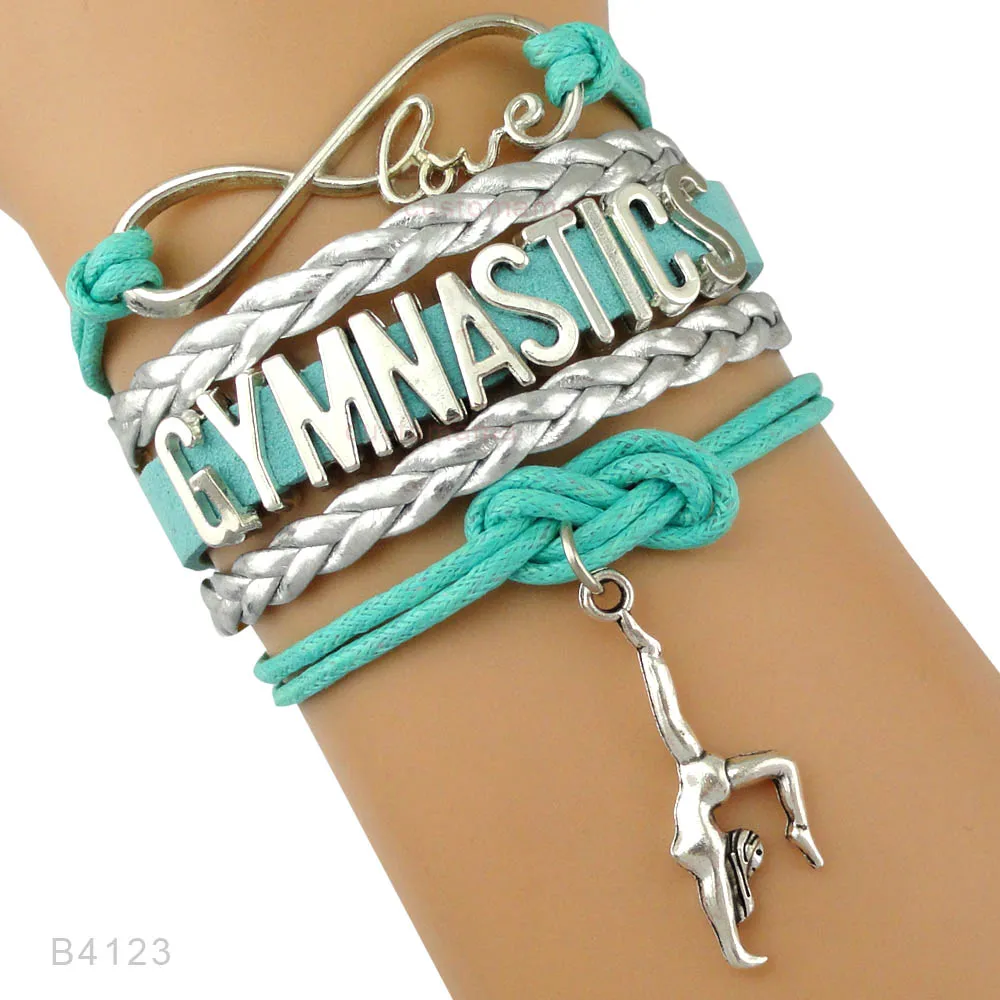 Gymnastics Love Infinity Charm Bracelets Sports Jewelry Pink Green Wax Cords Girl Boys Gift