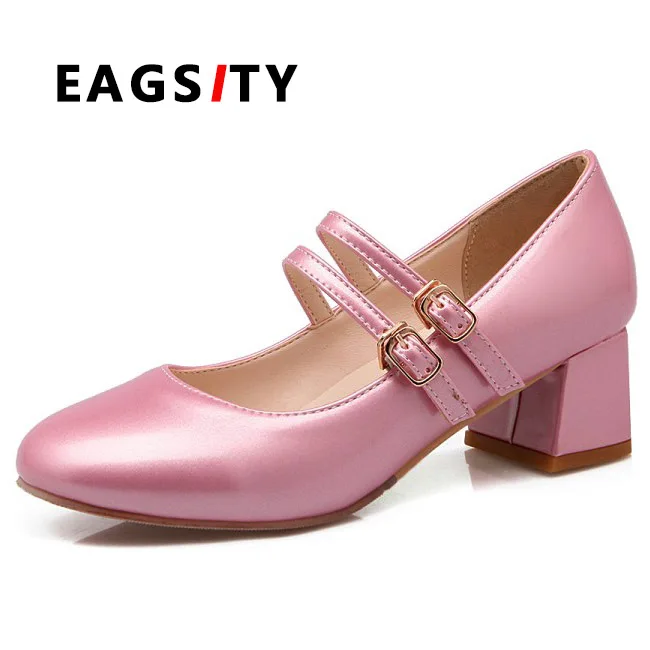 Pink Mary Jane shoes for women block heel ladies dress shoes square