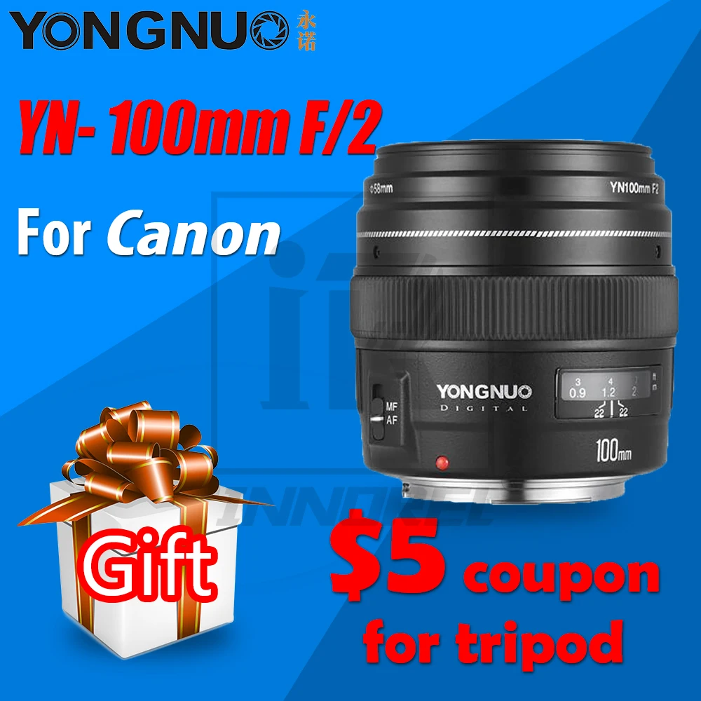 YONGNUO yn100мм F2 AF/MF Средний телеобъектив для камеры Canon EOS DSLR 100 мм фиксированный