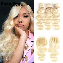 Tissage en lot naturel Body Wave brésilien avec Closure-Black Pearl, cheveux Remy, blond 613, 100g/pièces