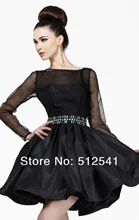 Long sleeves Mini cheap black Homecoming Dresses Top Sheer Sexy Open Back Crew Neck A Line Beads Satin yk-G310S hotpink crew neck bat sleeves splited back blouse