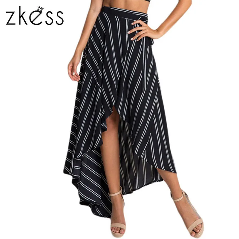 Image ZKESS Maxi Long Skirt Black and White Striped Print Autumn Summer Women Asymmetrical Wrapped Elegant Casual Skirts LC65004
