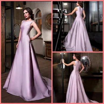 

2016 new arrival lilac satin sleeveless evening dress court train formal evening gowns elegant vintage women evening dresses