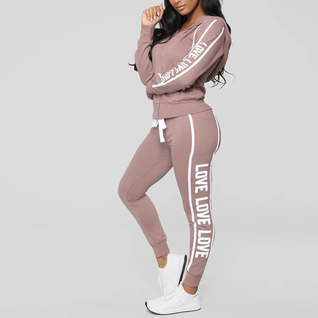 

Two Piece Set 2019 spring Fashion Women Casual Stripe Zipper Long Sleeve Pullove Tops+Long Pants 2 piece set women matching sets