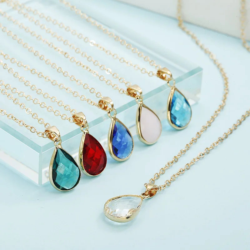 

2018 New Fashion Waterdrop Crystal Pendant Necklace Blue Red Pink Color Simple Elegant Necklace For Women Dropshipping