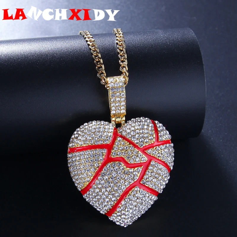 

Hip Hop Men Women Neckalce Burst Texture Heart-breaking Alloy Full Rhinestone Heart Pendant Personality Fashion Jewelry Gift