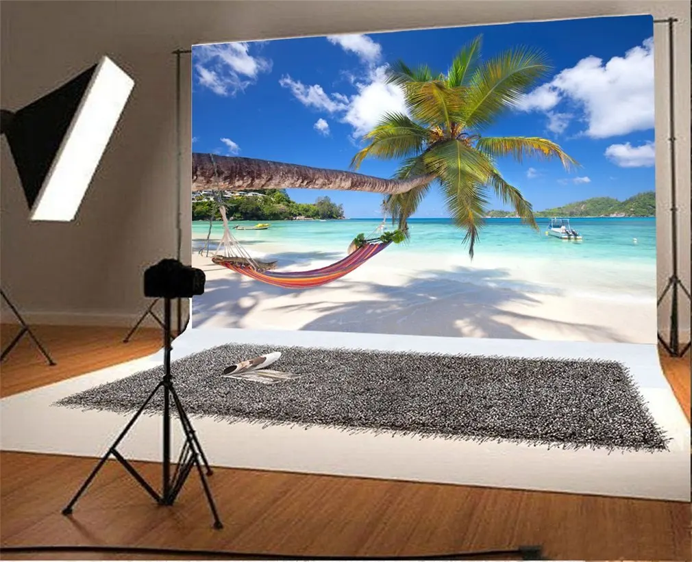 

Photography Backdrop Beach Seaside Coconut Tree Hammock Blue Sky White Cloud Nature Photo Background Party