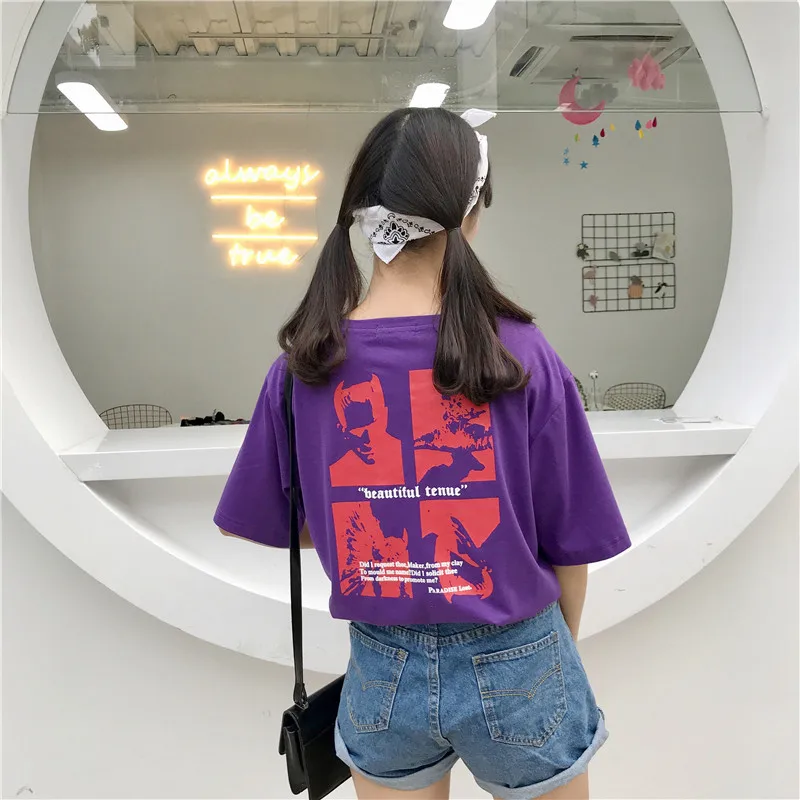 

2018 Summer Oversized O Neck Tshirt Cartoon Tees Student's Casual harajuku Female Loose Tee Young Tops Team Tees Hot Violet