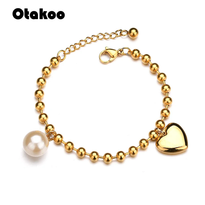 Otakoo Золото Цвет Сердце браслет для женщин заявление нержавеющая сталь Мода Шарм Жемчуг Ювелирные Изделия
