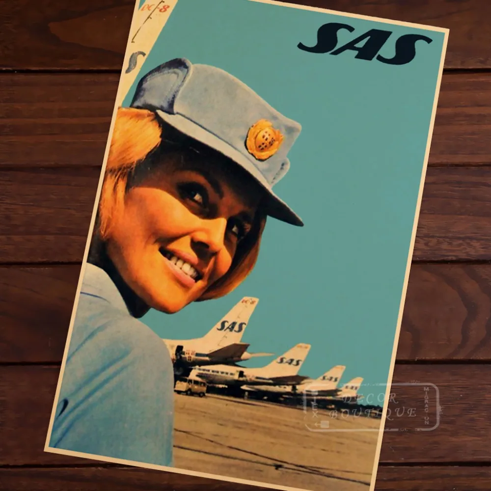 

Stewardess Beauty SAS Scandinavian Airlines Vintage Retro Decorative Frame Poster DIY Wall Canvas Stickers Posters Home Bar Deco