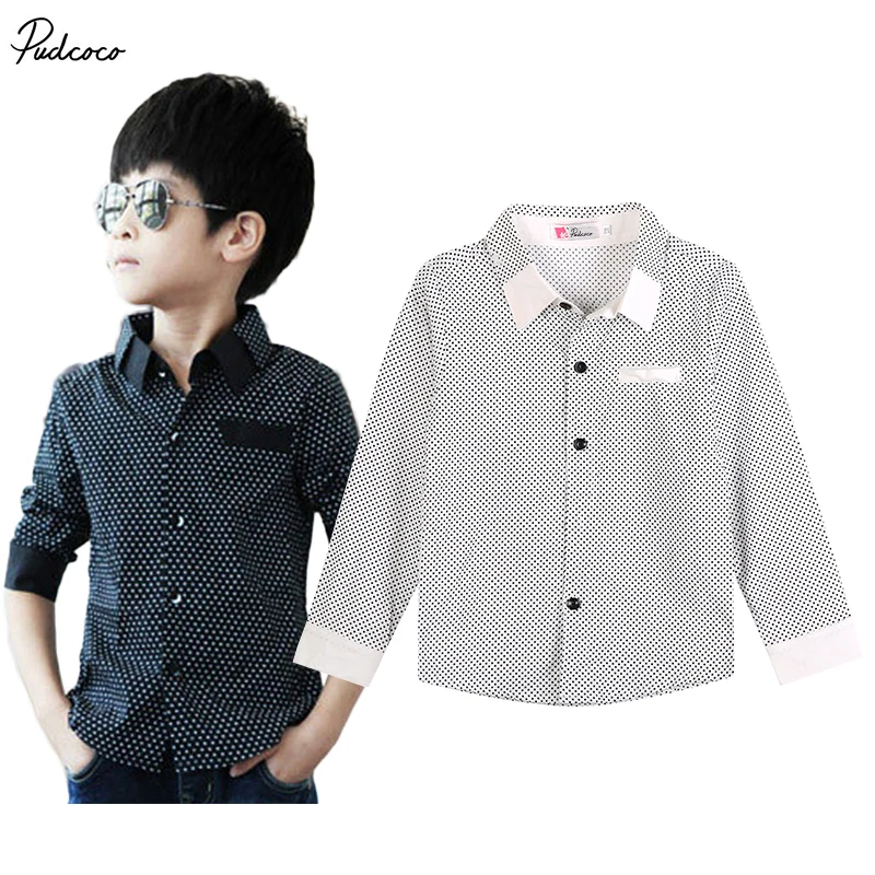 Модная торжественная рубашка для маленьких мальчиков праздничная рубашка лаконичного дизайна с длинными рукавами в горошек с накладными элементами