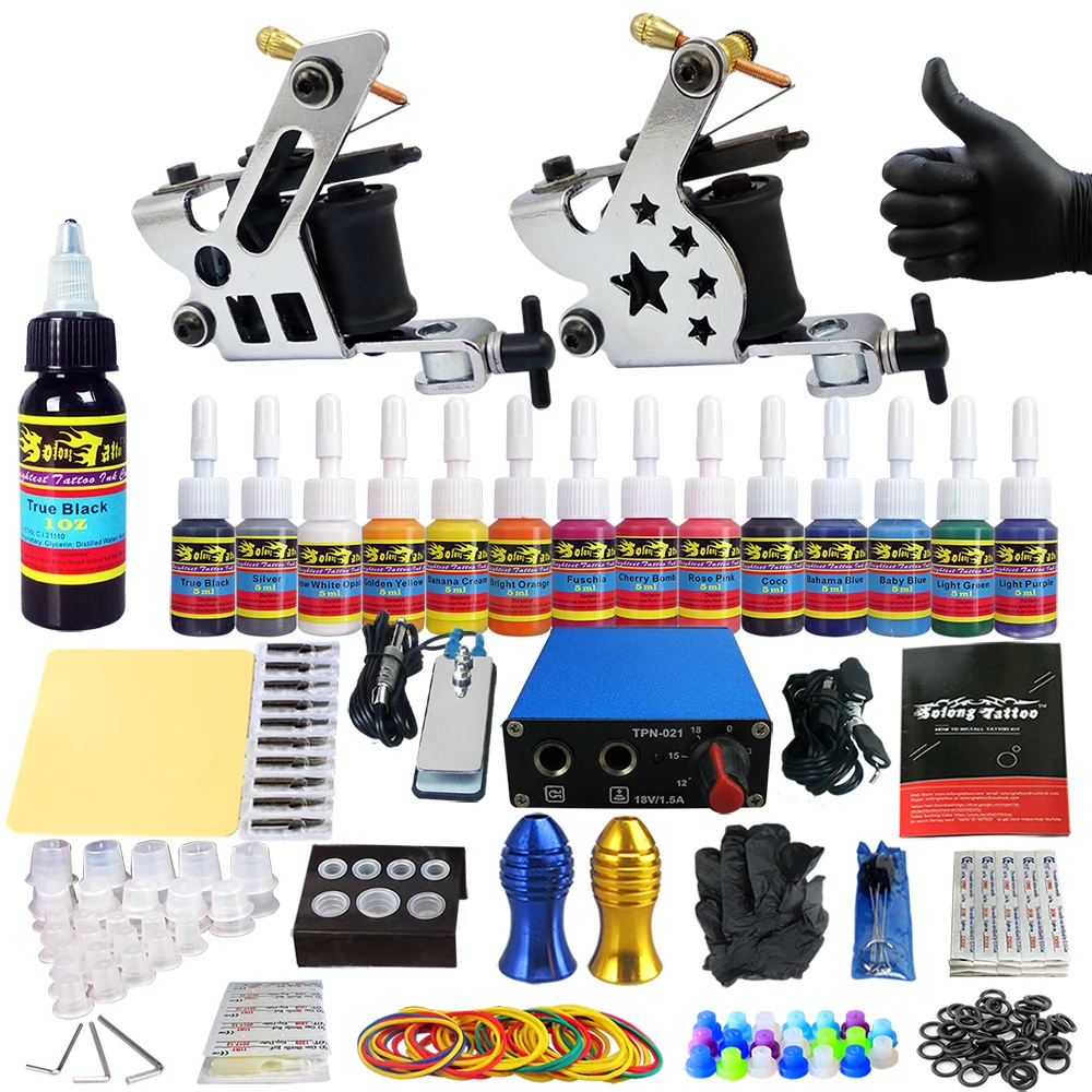 

Solong Tattoo Complete Tattoo Kits 2 Machine Gun Beginner Tattoo Set 14 Inks Needle Grips Foot Petal Power Supply TK203-22