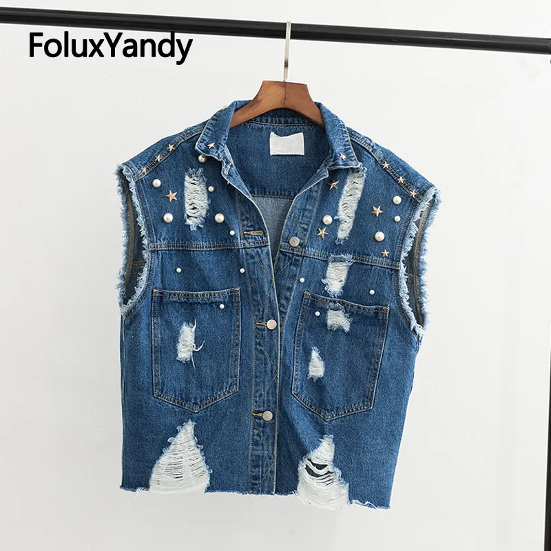 Sleeveless Jackets Embroidered Flares Women Coats Plus Size High Street Hole Denim Jacket Blue Outerwear KKFY3162