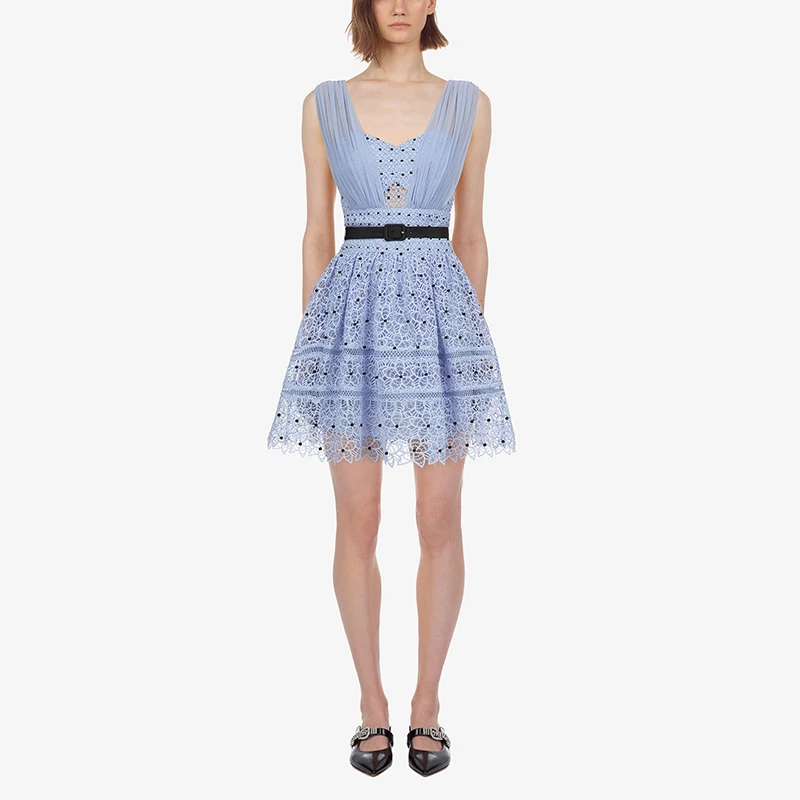 

Designer Self Portrait Dress 2019 Summer Women Sexy Backless Blue Hollow Out Lace Dress A-line Sleeveless Mini Dress