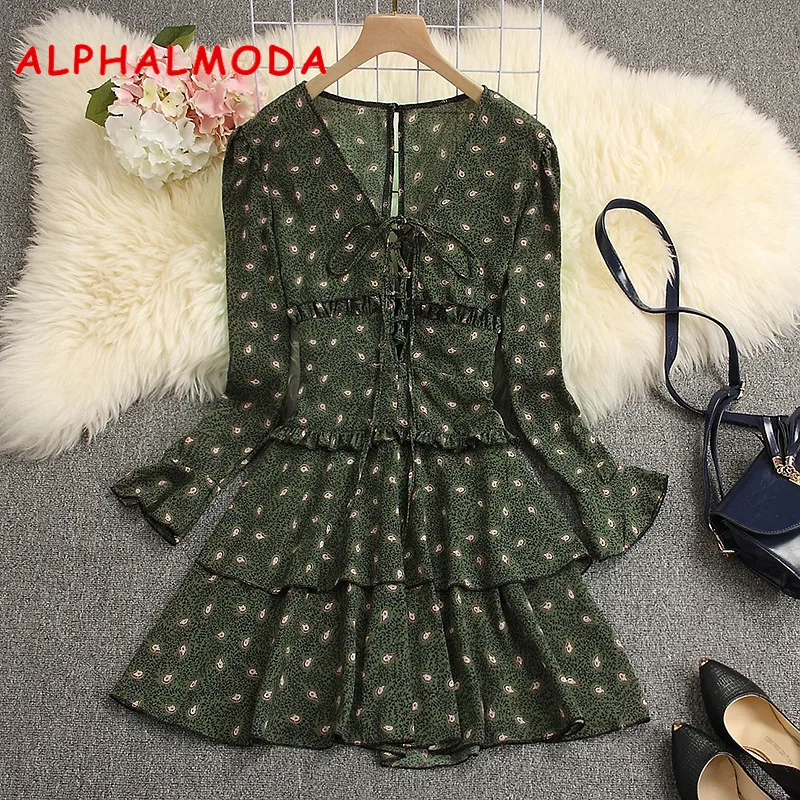 

ALPHALMODA 2019 Spring Ladies Lacing Up Hollow-out Chic Chiffon Dress Long Flare-sleeved V-neck A-line Women Sexy Mini Vestidos