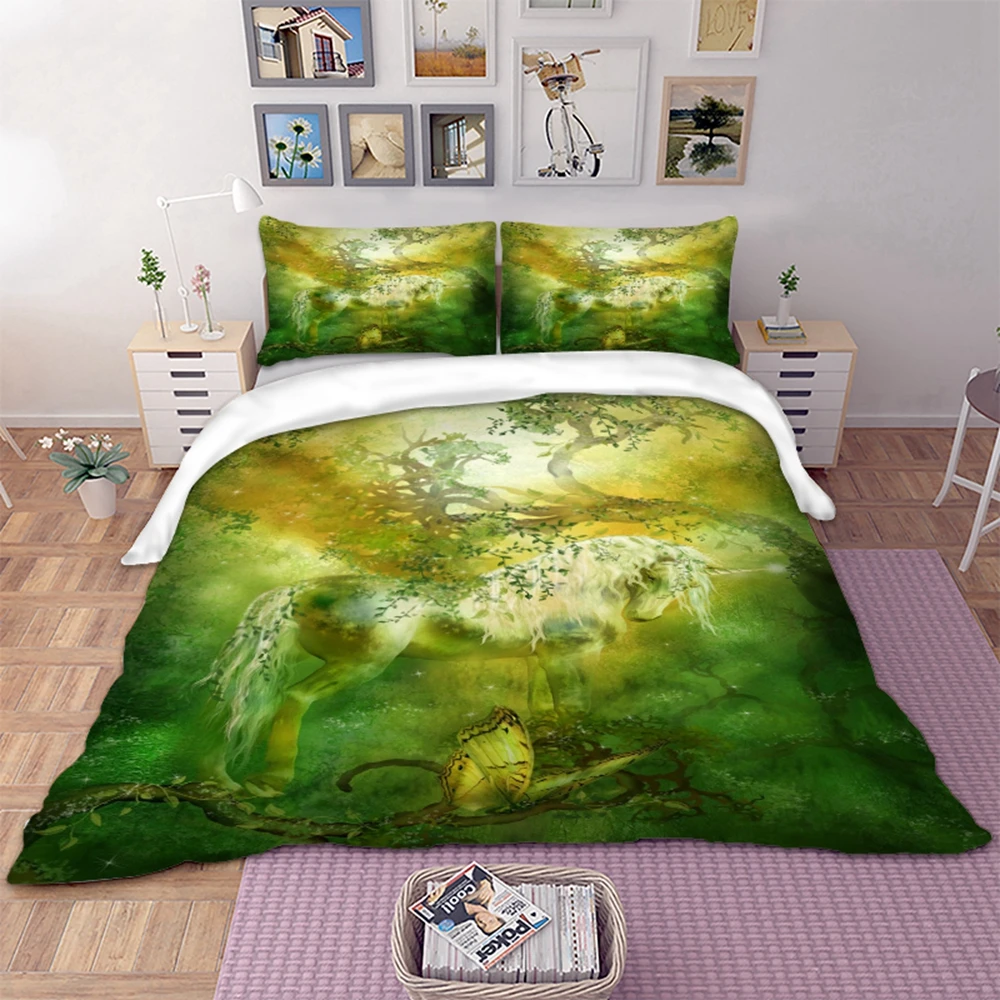 

3D forest unicorn Bedding Set green color Duvet Cover With Pillowcases Twin Full Queen King Size Bedclothes 3pcs home textile