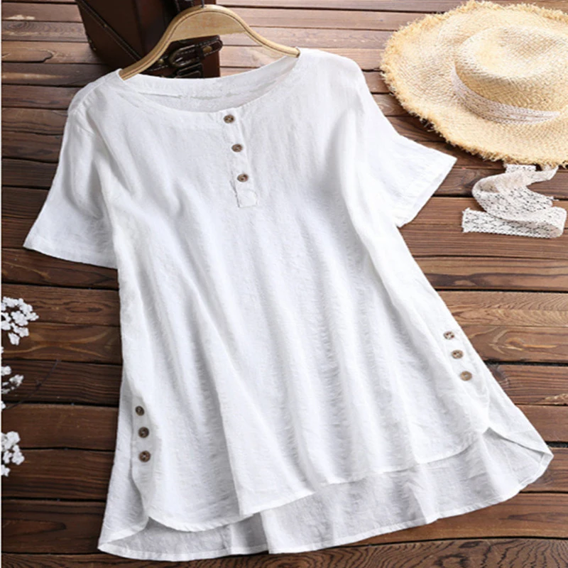 Женская рубашка большого размера плюс 4XL 5XL 6XL 7XL 8XL Летняя женская Повседневная рубашка с круглым вырезом и коротким рукавом - Цвет: White