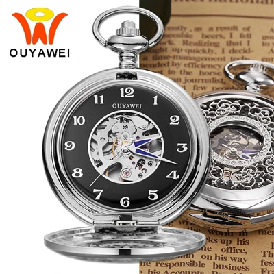 Ouyawei винтажные серебряные Механические карманные часы со скелетом с цепочкой, мужские синие наручные часы, ожерелье, карманные и брелоки часы - Цвет: OYWP06SB