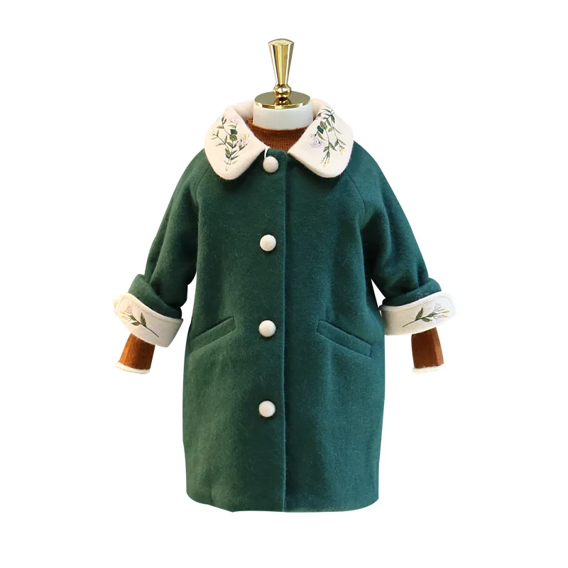 

Girls woolen coat 2018 autumn and winter new children's embroidery in the long section of quilted woolen little girl coat