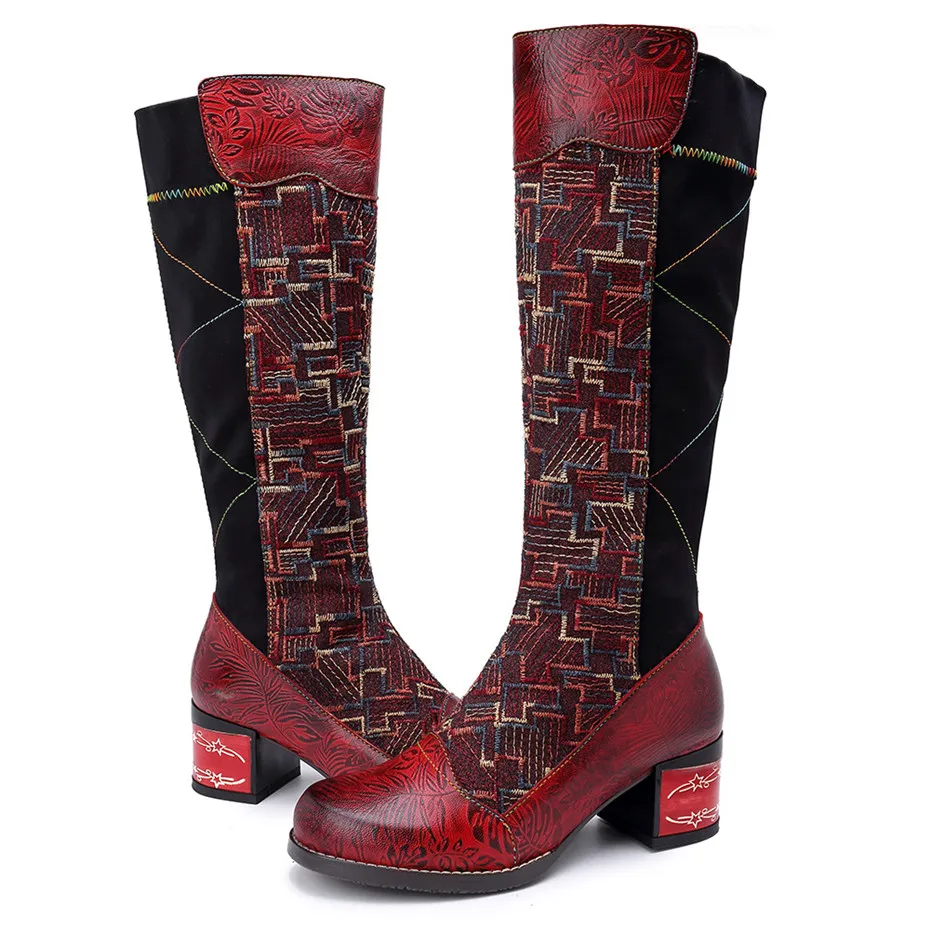 Handmade Genuine Leather Knee High Boots Women Shoes Vintage Patchwork Lady Embroider Shoes Zipper Heels Spring Autumn Boots New (18)