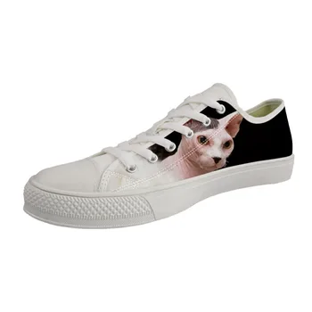 

White Vulcanized Shoes for Male Lace-up Breathable Sneakers 2019 Canadian Hairless Sphinx Cat Print New Low top Canvas Shoes