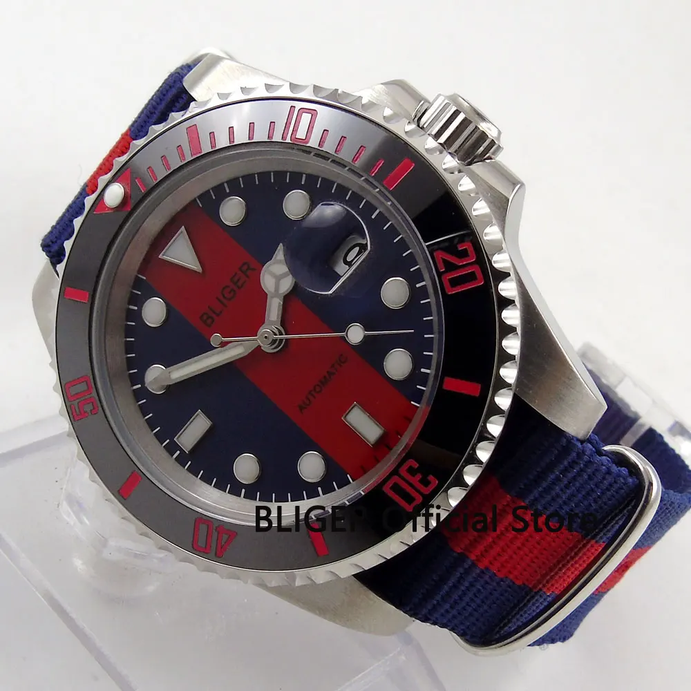 

Casual BLIGER 40MM Blue Red Dial Black Ceramic Bezel Luminous Marks Sapphire Crystal Automatic Movement Mechanical Men's Watch