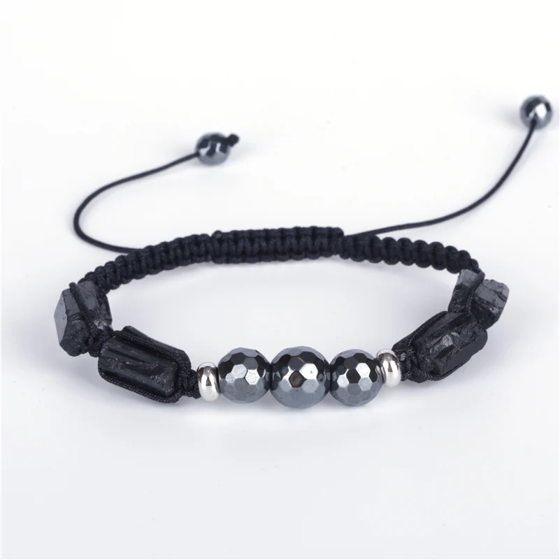 

Black Healing Rough Tourmaline Semi Precious Mineral Stone Bead Charm Hematite Adjustable Macrame Bracelet for Unisex Women Man