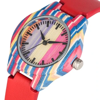 

Multicolor Wood Watch Fashion Stripes Stitching Bamboo Clock Female Lucky Red Leather Bracelet Watch Women's Wrist Reloj Mujer