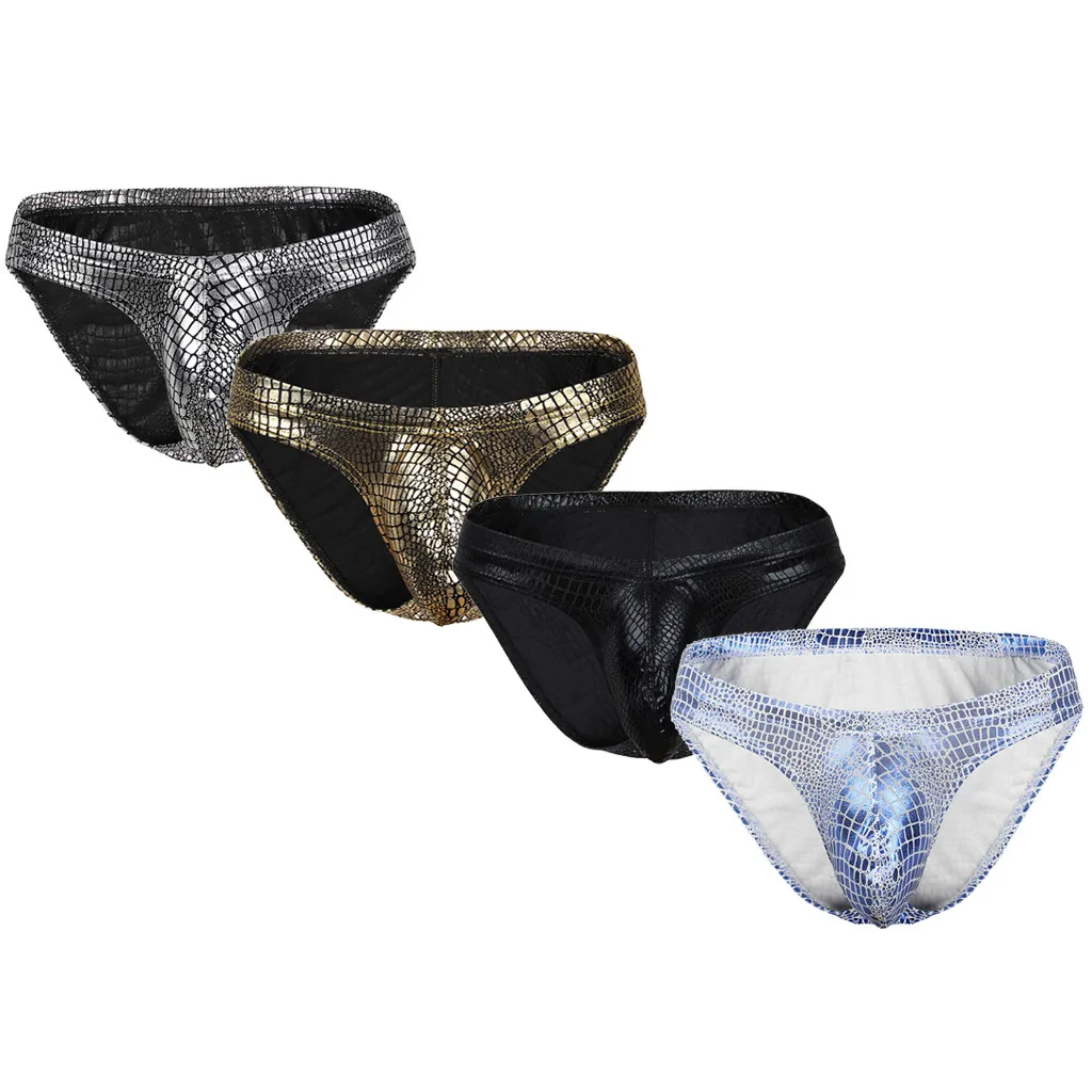 

Men Underwear Low-waist Polyester Serpentine U-shaped Briefs Male Underpant Gold-tone patent Imitation Leather Gay Underwear