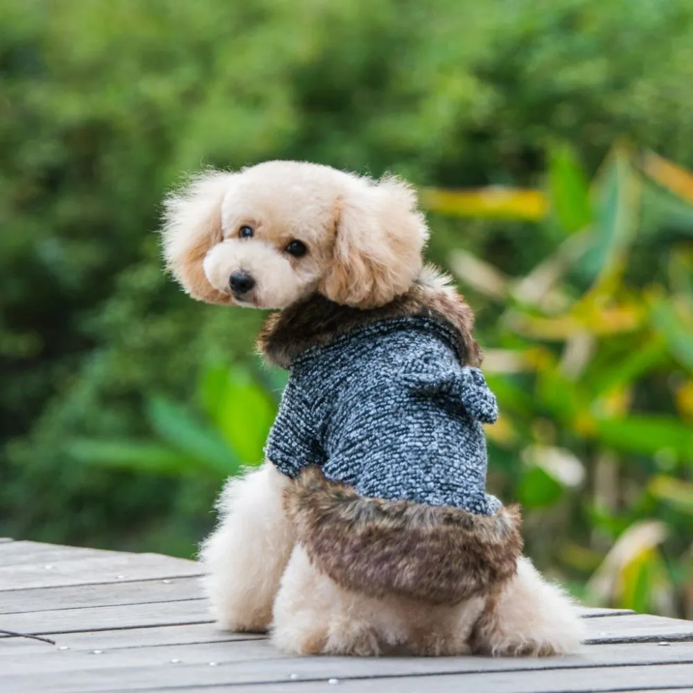 Теплая зима собака одежда с бантом Вязаный Товары для собак теплое пальто с меховой воротник и Низ Pet Костюмы