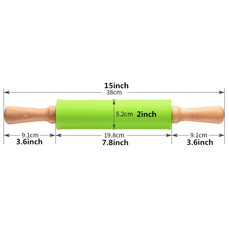 38 см Силиконовая антипригарная Скалка деревянная ручка длинный валик для теста - Цвет: Green