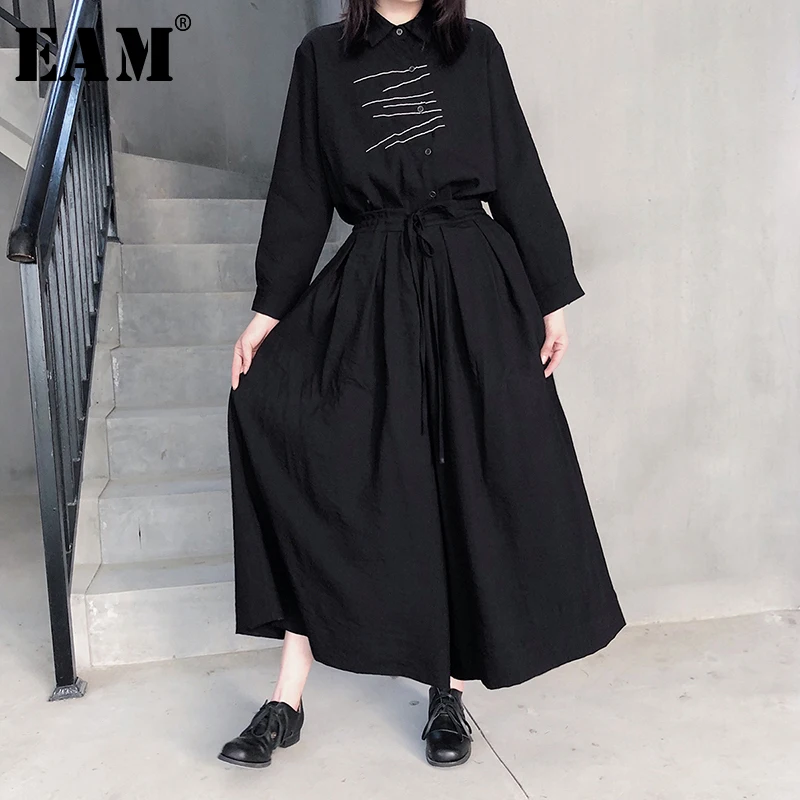 

[EAM] 2019 New Autumn Winter High Elastic Waist Loose Black Pleated Split Joint Wide Leg Pants Women Trousers Fashion Tide JX244
