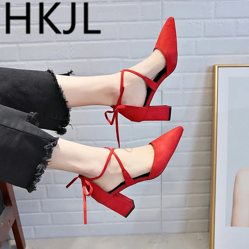 

HKJL 2019 new Korean version of the straps fashion wild sandals female summer hollow thick with shoes women pointed sandals A491